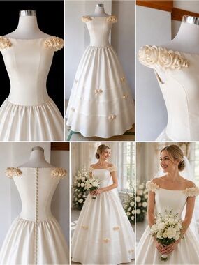 Vintage Cream Off-the-Shoulder Wedding Dress with Rosette Shoulders